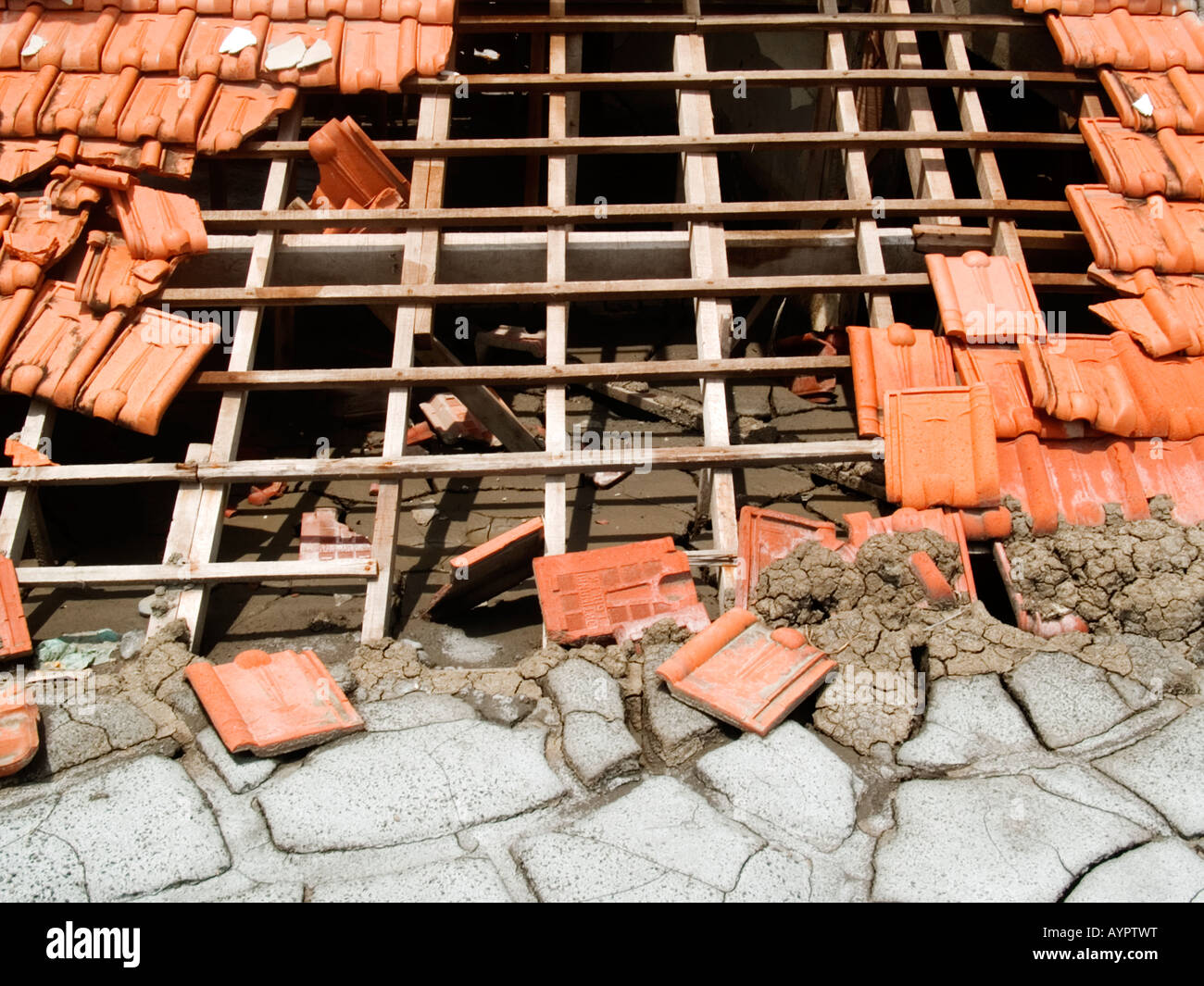Part of the shattered roof of a mosque sticking out of the solidified mud at the Sidoarjo disaster,East Java,Indonesia. Stock Photo