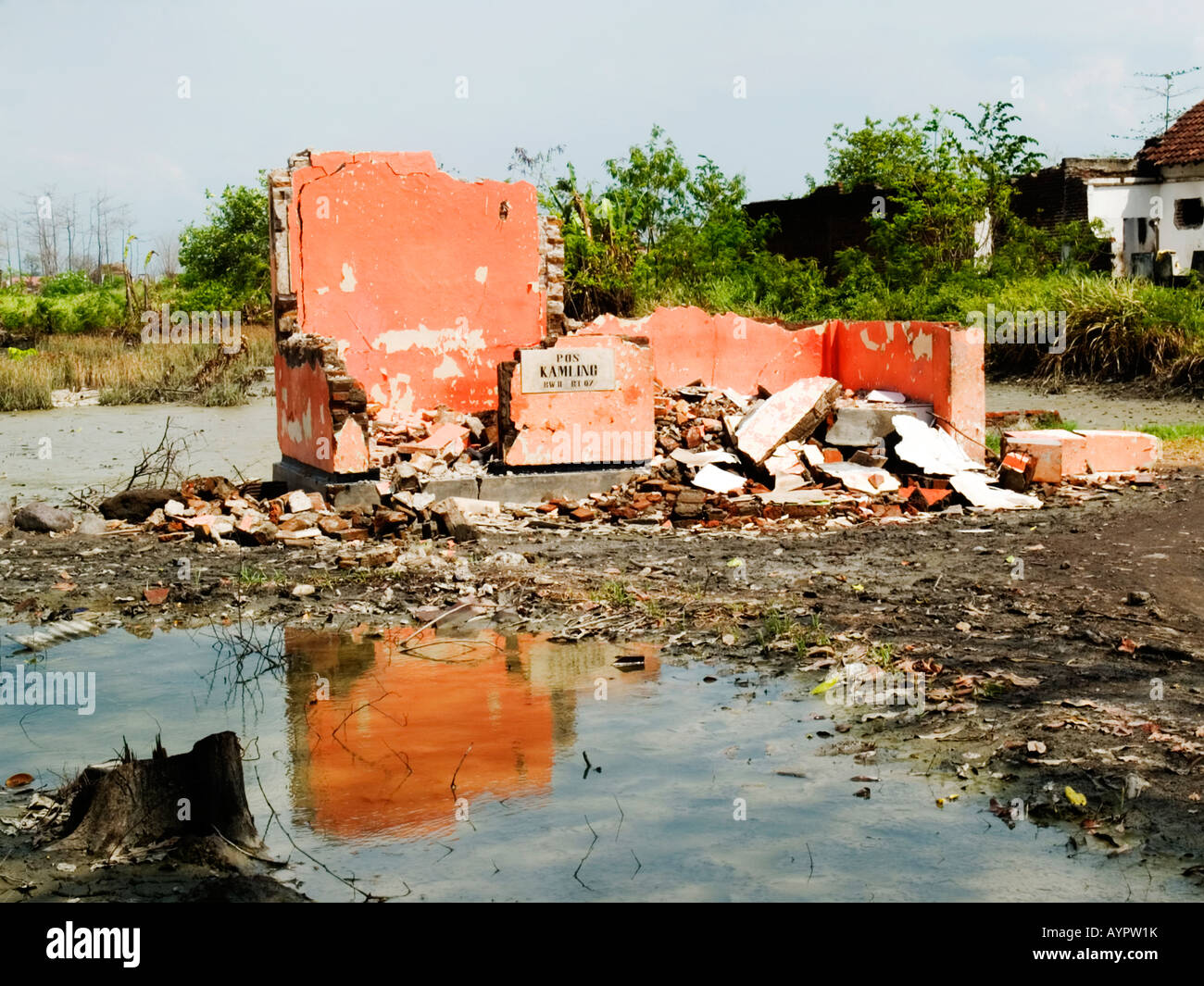 Derelict abandoned security post at the edge of the hot mud disaster,Sidoarjo,East Java,Indonesia. Stock Photo