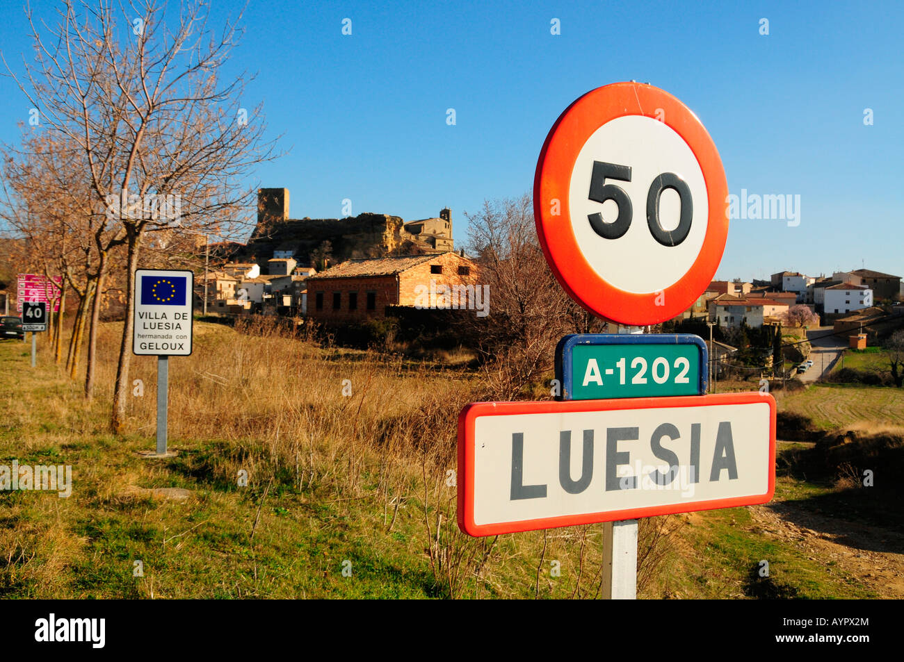 Town sign, Luesia, Zaragoza Province, Aragón, Spain, Europe Stock Photo