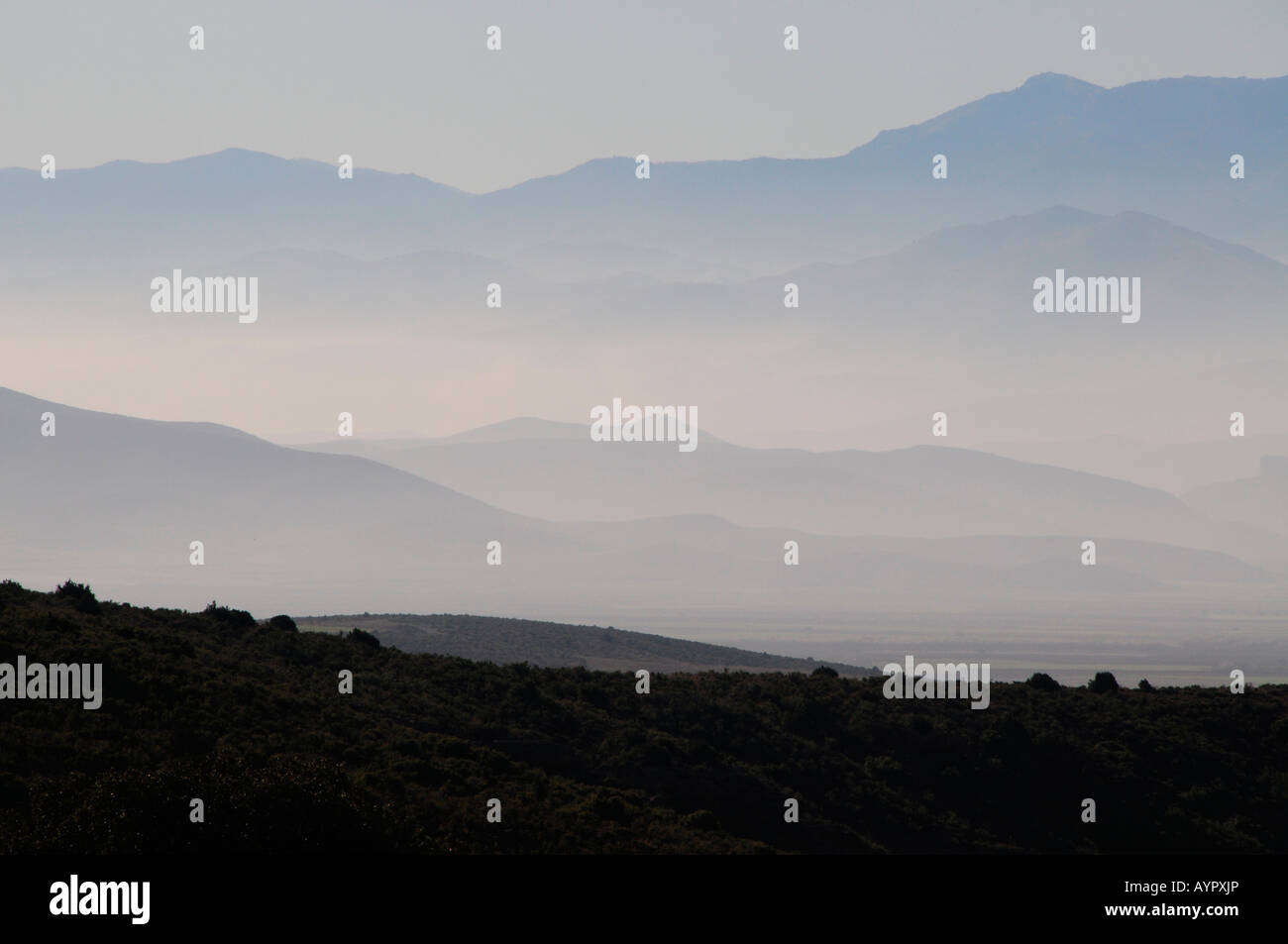 Mountain landscape covered in mist near Illueca, Zaragoza Province, Aragón, Spain, Europe Stock Photo
