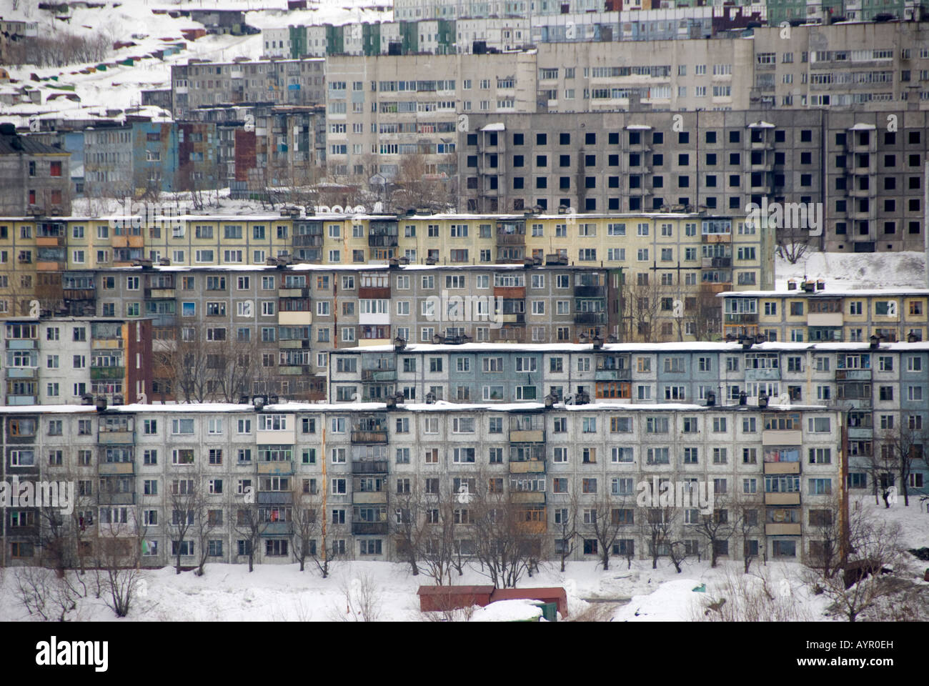 Old soviet era concrete apartment buildings in city of Petropavlovsk