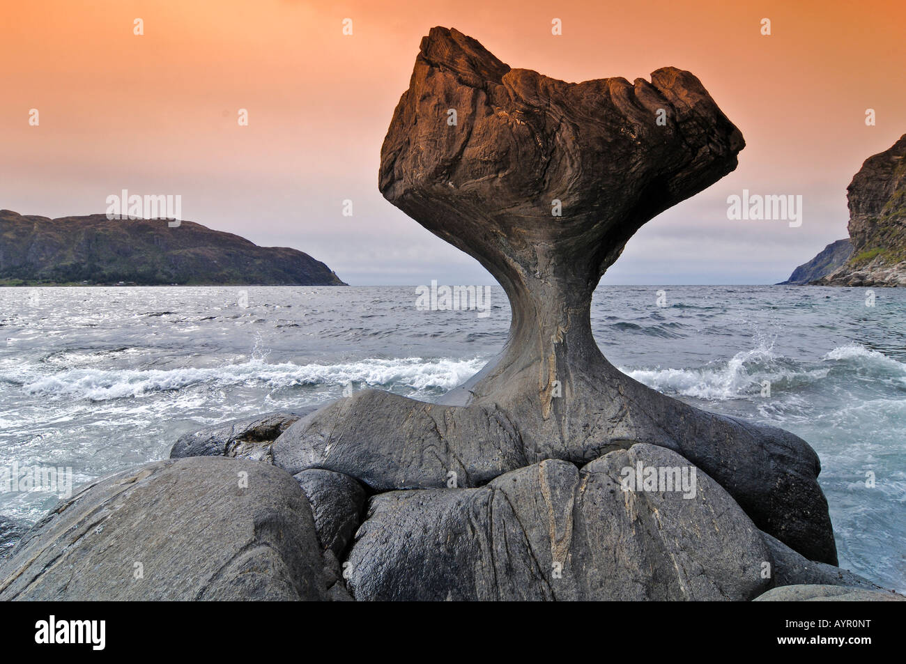 Kannesteinen, rock formation along the rocky coast near Maloy, Vagsoy, Sogn og Fjordane, Norway Stock Photo