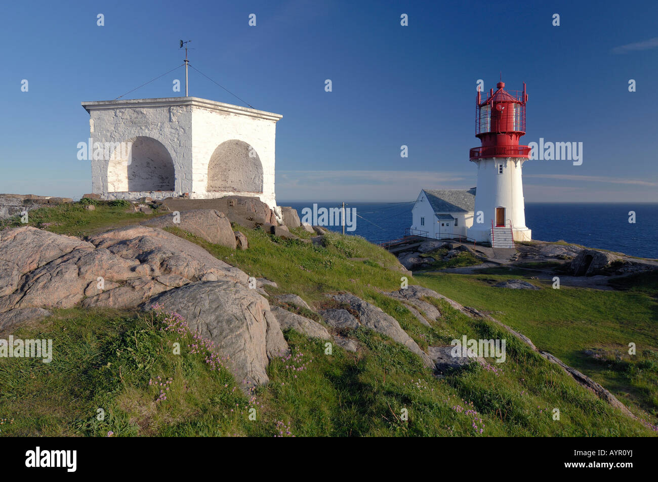 Lighthouse at Cape Lindesnes, South Cape, Vest-Agder, Norway Stock Photo