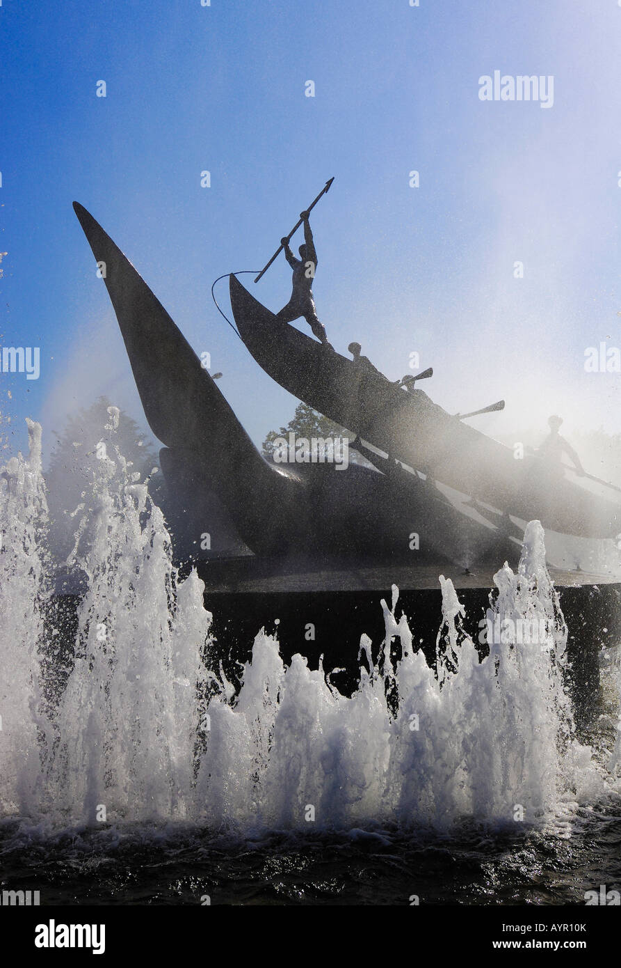 Controversial whaling monument by Norwegian sculptor Knut Steen, fountain and rainbow, Sandefjord, Vestfold, southern Norway, S Stock Photo