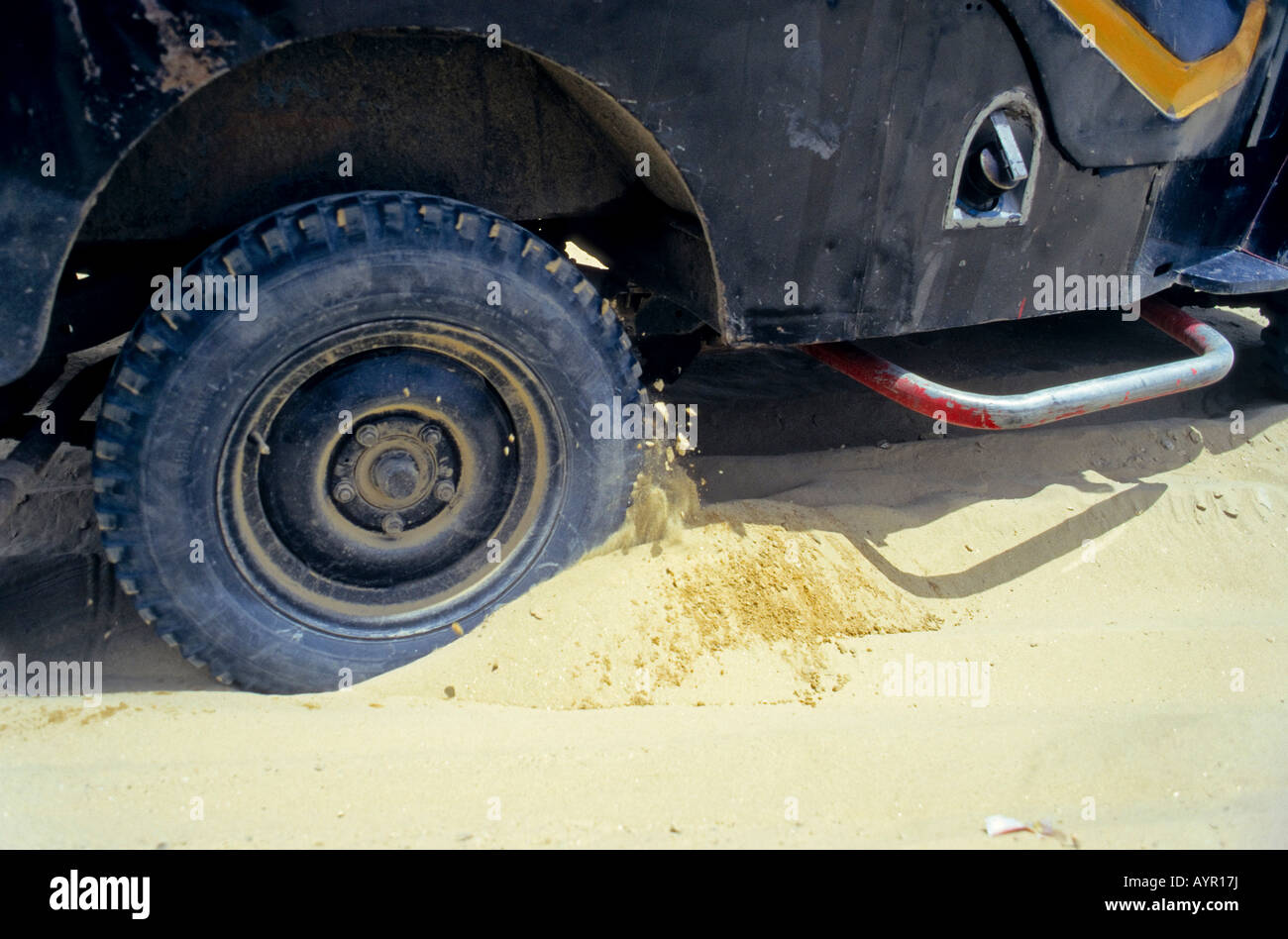 Off-road vehicle (4X4) tires spinning in the desert sand, Ladakh, India Stock Photo