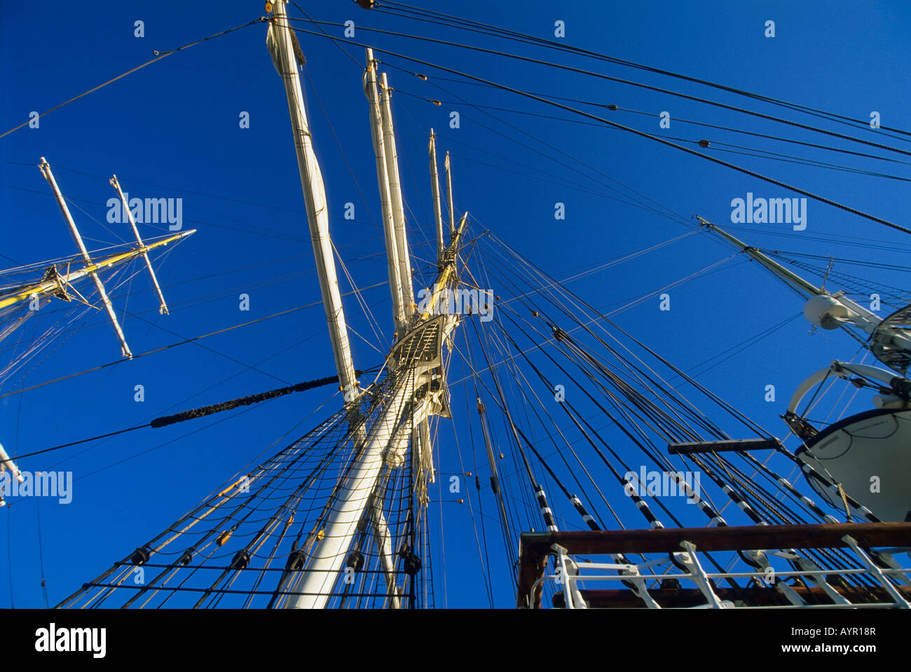 Ship's masts, sailboat at Bergen Harbour, Bergen, Norway, Scandinavia Stock Photo
