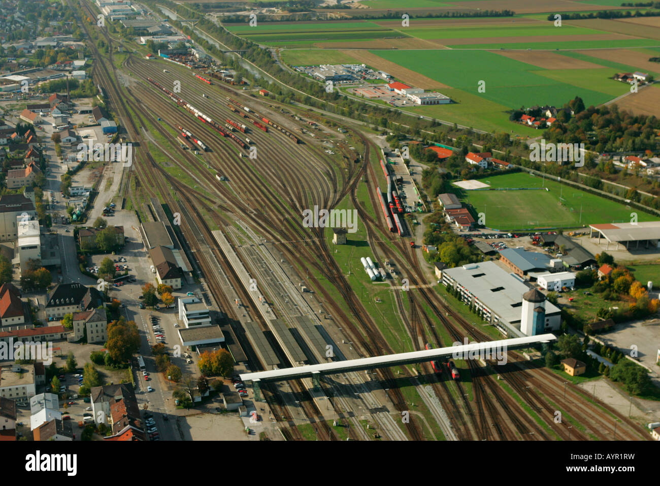 Aerial view of railway tracks near Muehldorf am Inn, Upper Bavaria, Bavaria, Germany, Europe Stock Photo