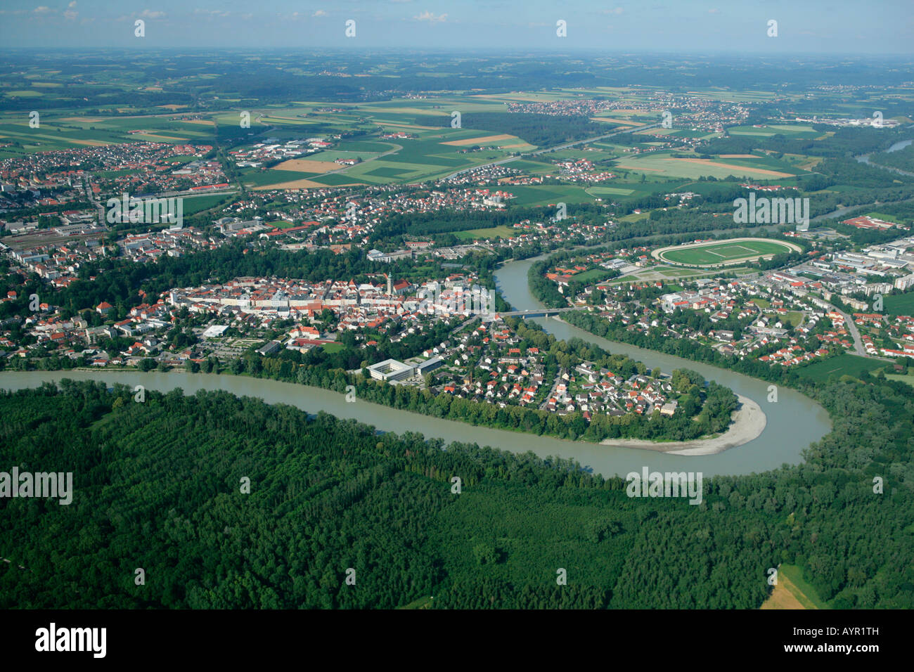Loop (meander) of the Inn River, Muehldorf am Inn, Upper Bavaria, Bavaria, Germany, Europe Stock Photo
