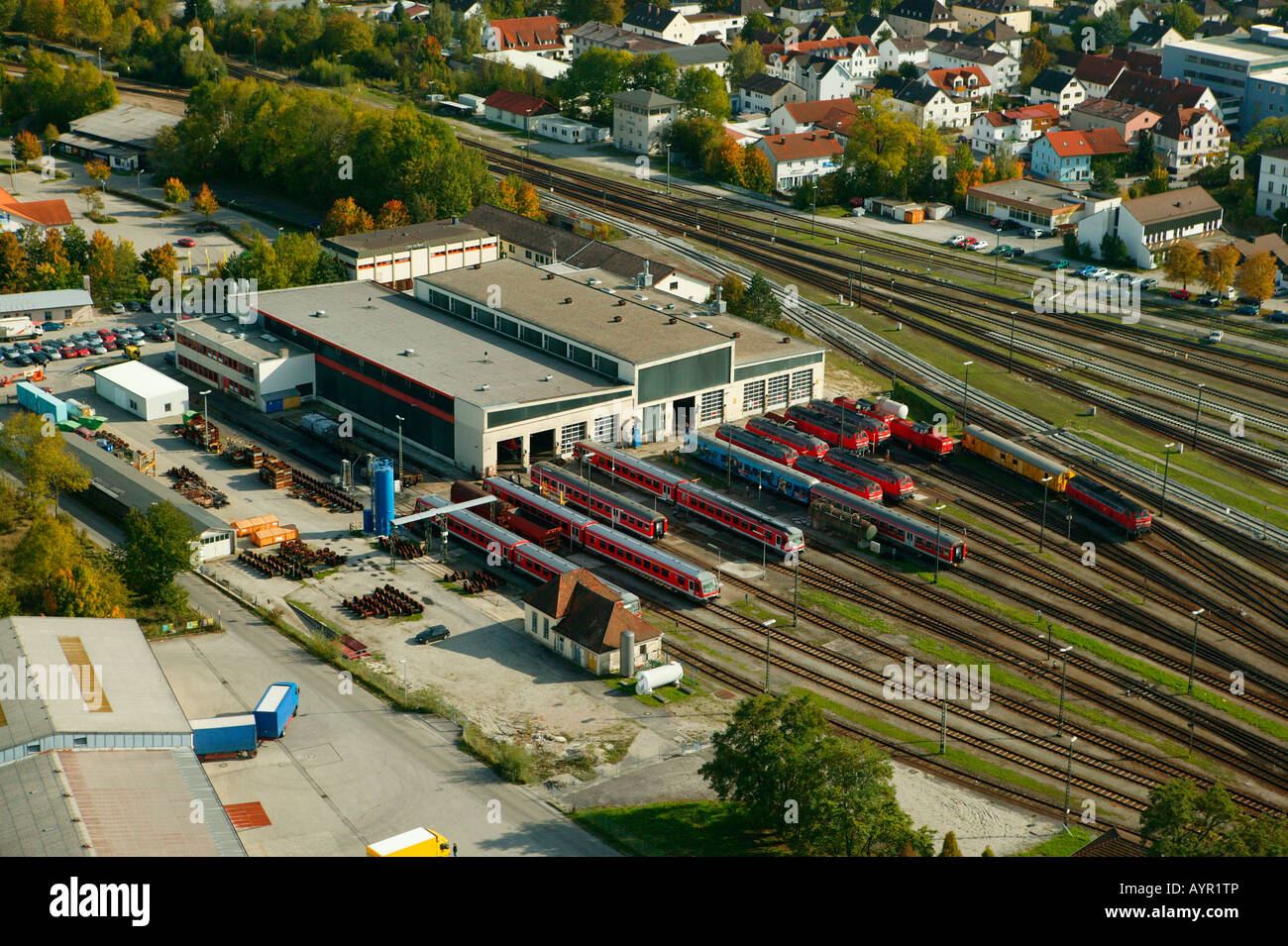 Aerial view, train station, Muehldorf am Inn, Upper Bavaria, Bavaria, Germany, Europe Stock Photo