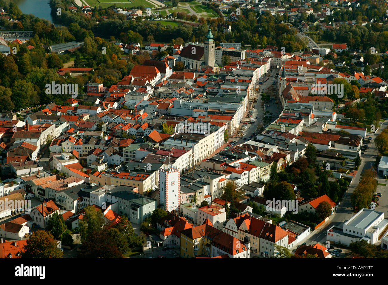 Aerial view of the historic centre of Muehldorf am Inn, Upper Bavaria ...
