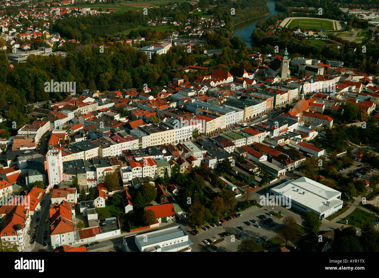 Aerial view of the historic centre of Muehldorf am Inn, Upper Bavaria ...