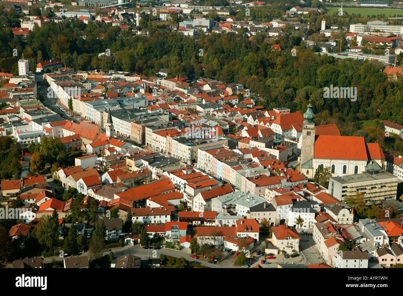 Aerial view of the historic centre of Muehldorf am Inn, Upper Bavaria ...