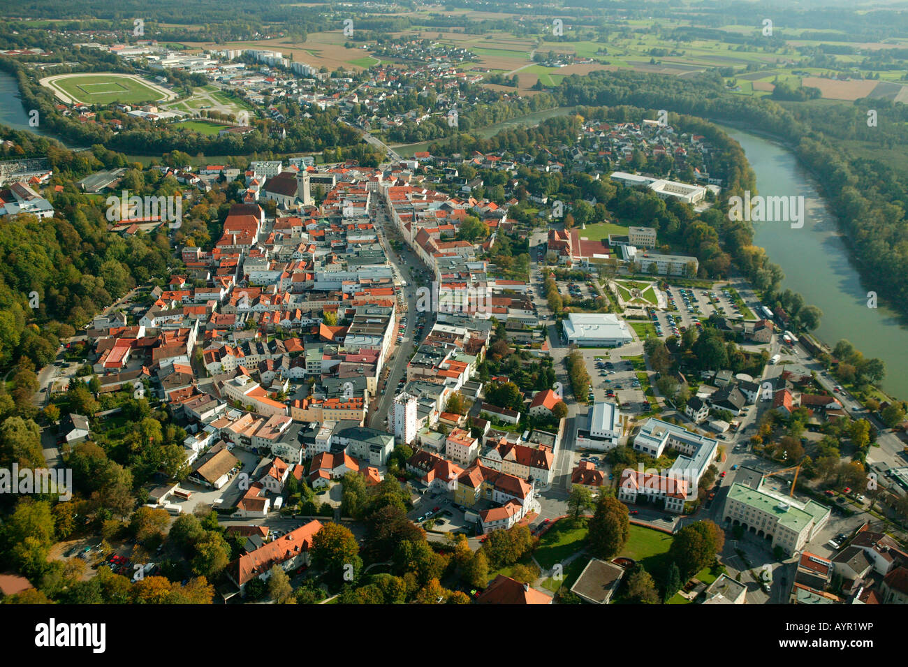 Aerial view of the historic centre of Muehldorf am Inn, Upper Bavaria ...