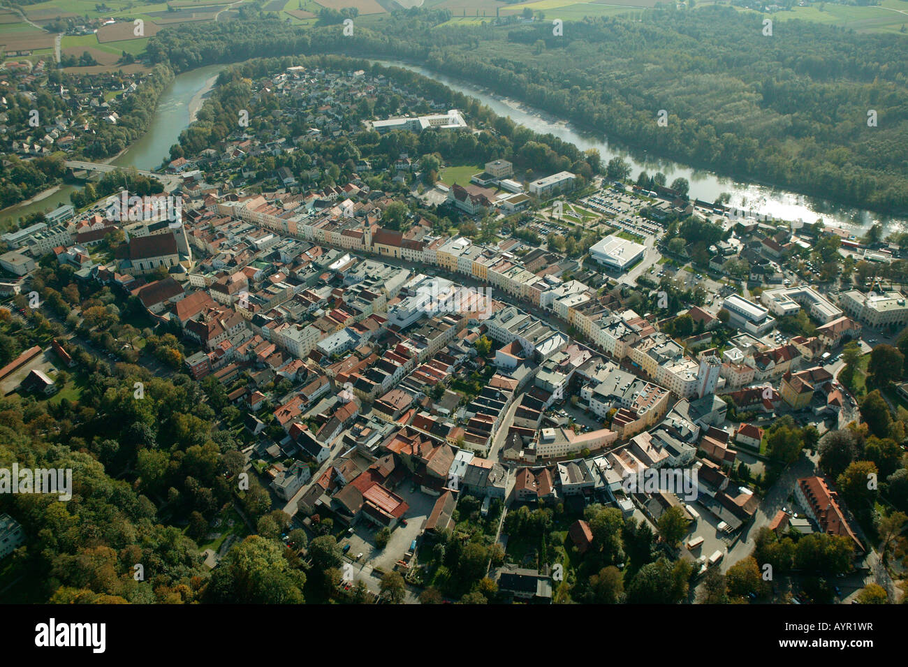 Aerial view of the historic centre of Muehldorf am Inn, Upper Bavaria ...