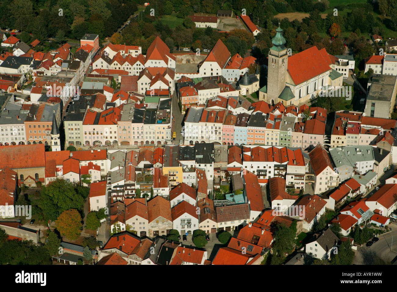 Aerial view of the historic centre of Muehldorf am Inn, Upper Bavaria ...