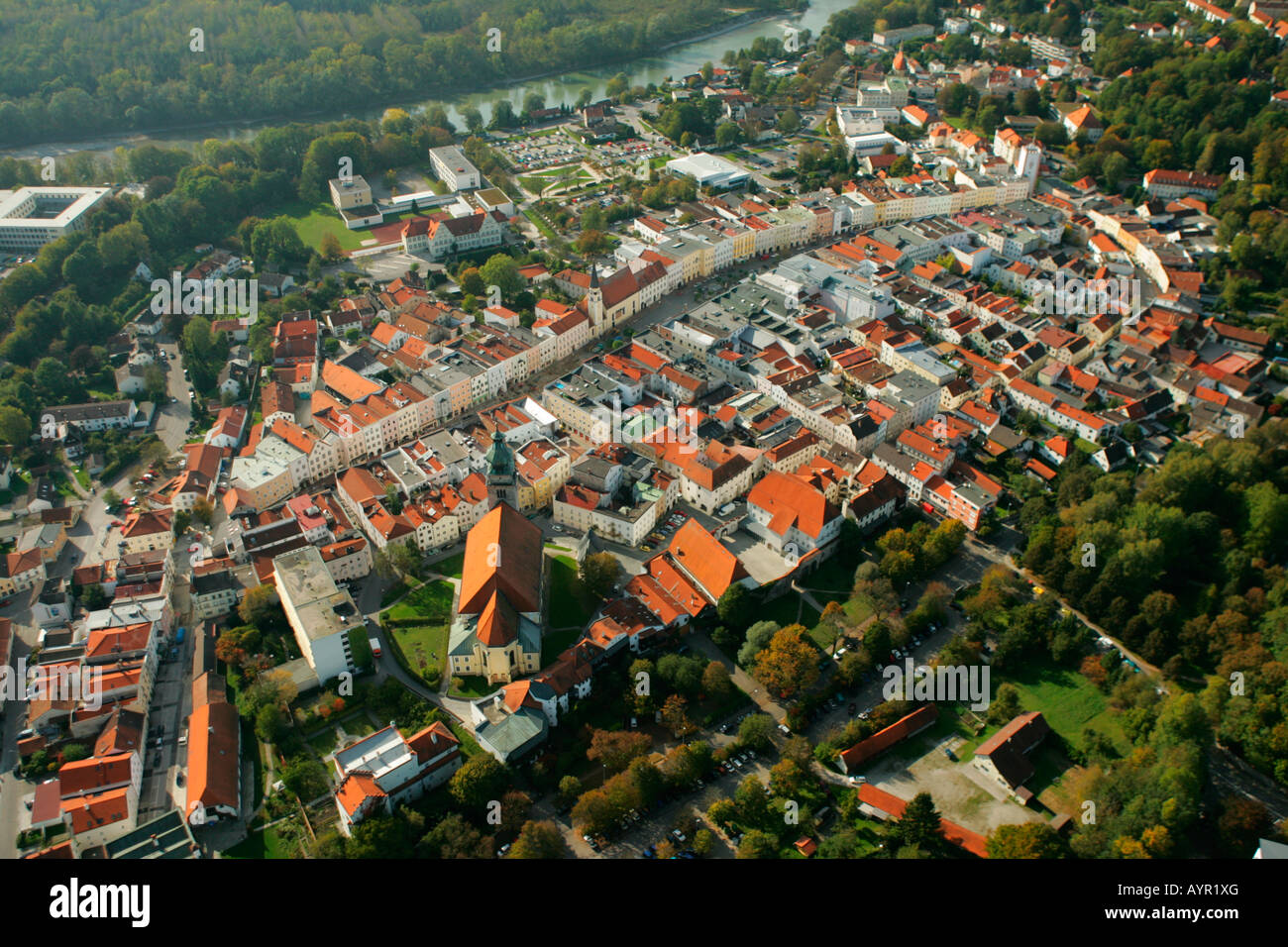 Aerial view of the historic centre of Muehldorf am Inn, Upper Bavaria ...