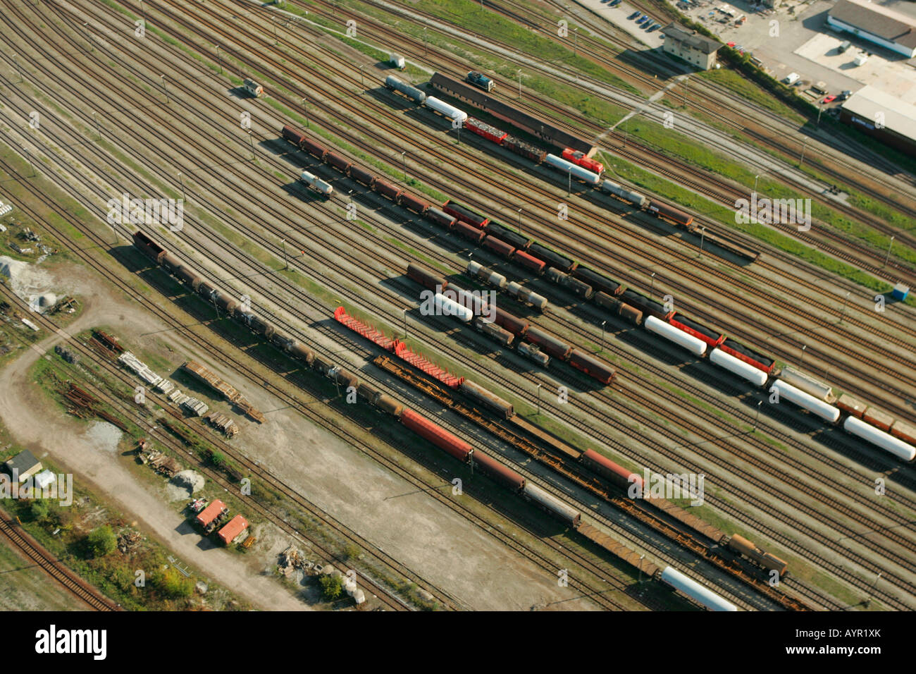 Aerial view, freight cars and railway tracks near Muehldorf am Inn, Upper Bavaria, Bavaria, Germany, Europe Stock Photo