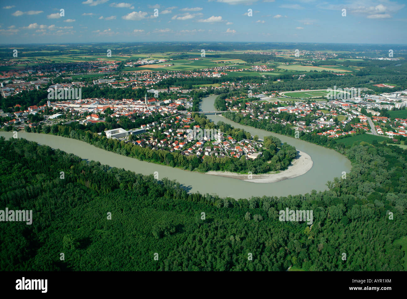 Loop (meander) of the Inn River, Muehldorf am Inn, Upper Bavaria, Bavaria, Germany, Europe Stock Photo