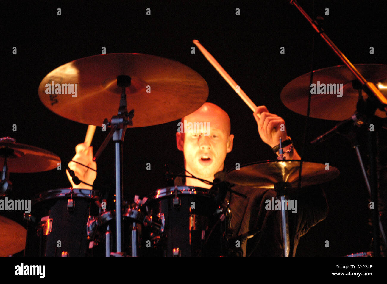 Ged Lynch playing on drums Peter Gabriel band Stock Photo Alamy
