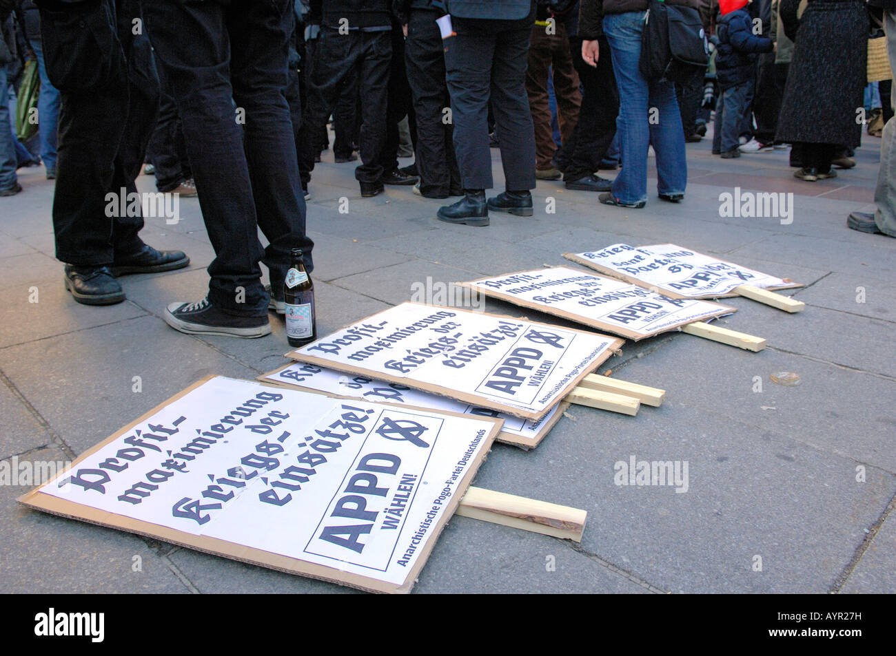 Protest signs at a protest against the 2008 Munich Conference on Security Policy, Munich, Bavaria, Germany Stock Photo