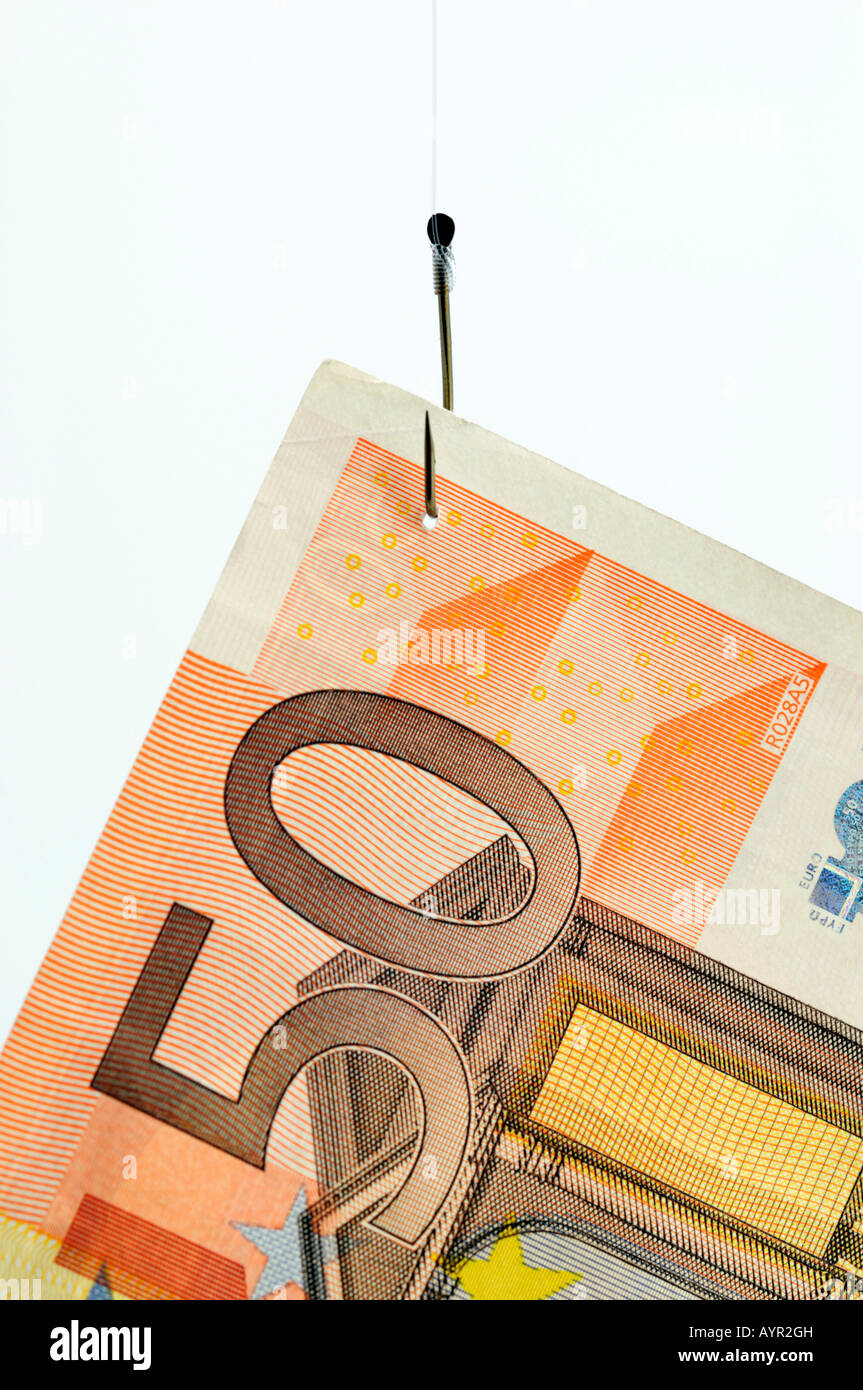 50-Euro bill hanging from a fishing hook Stock Photo