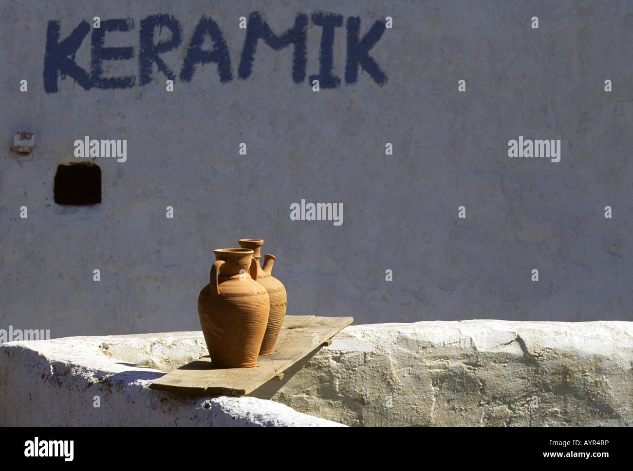 Amphorae in front of pottery shop near Stegna, Rhodos Island, Dodecanese Islands, Aegean, Greece Stock Photo