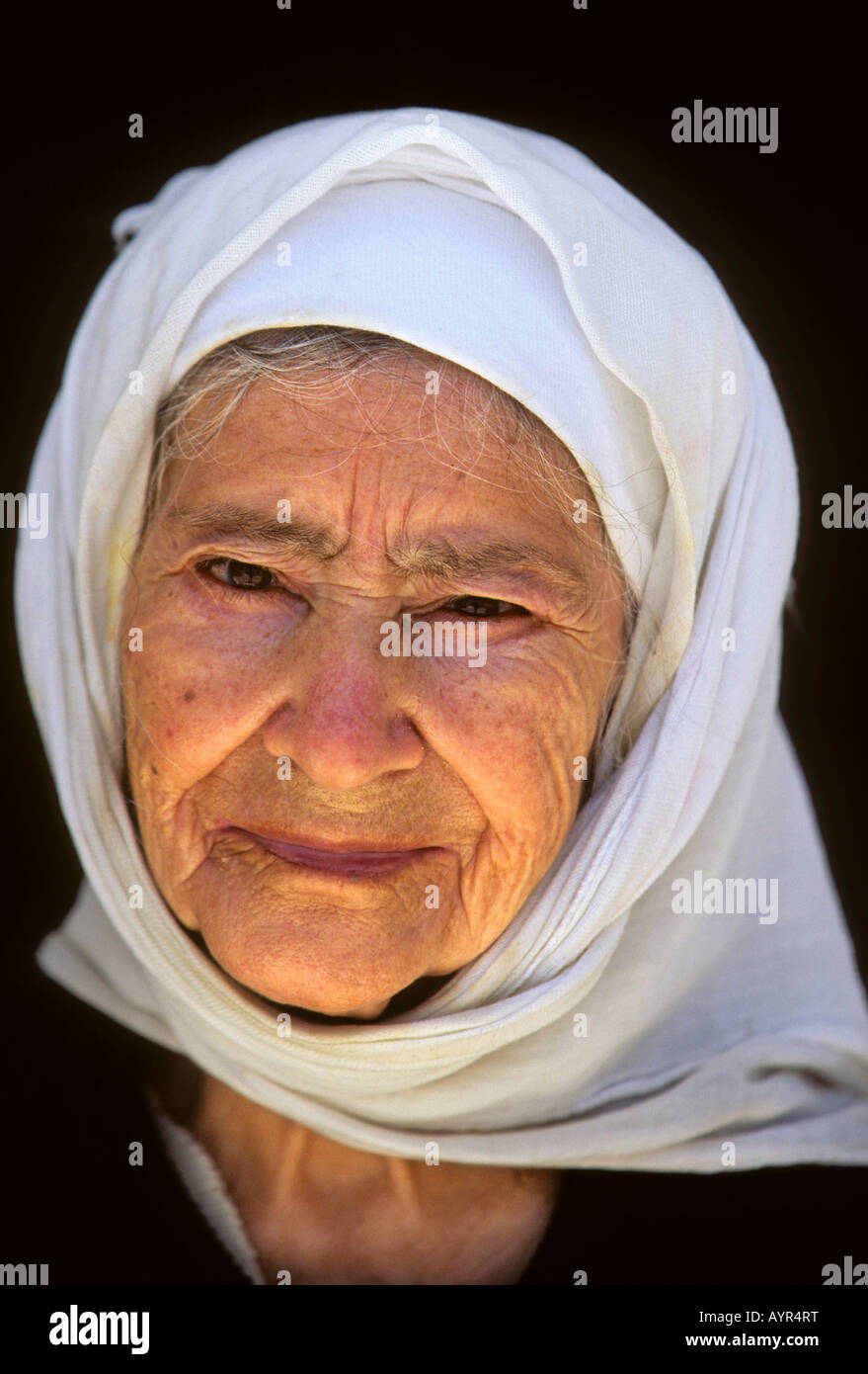 Farmwoman wearing white headscarf, Rhodos Island, Dodecanese Islands, Aegean, Greece Stock Photo