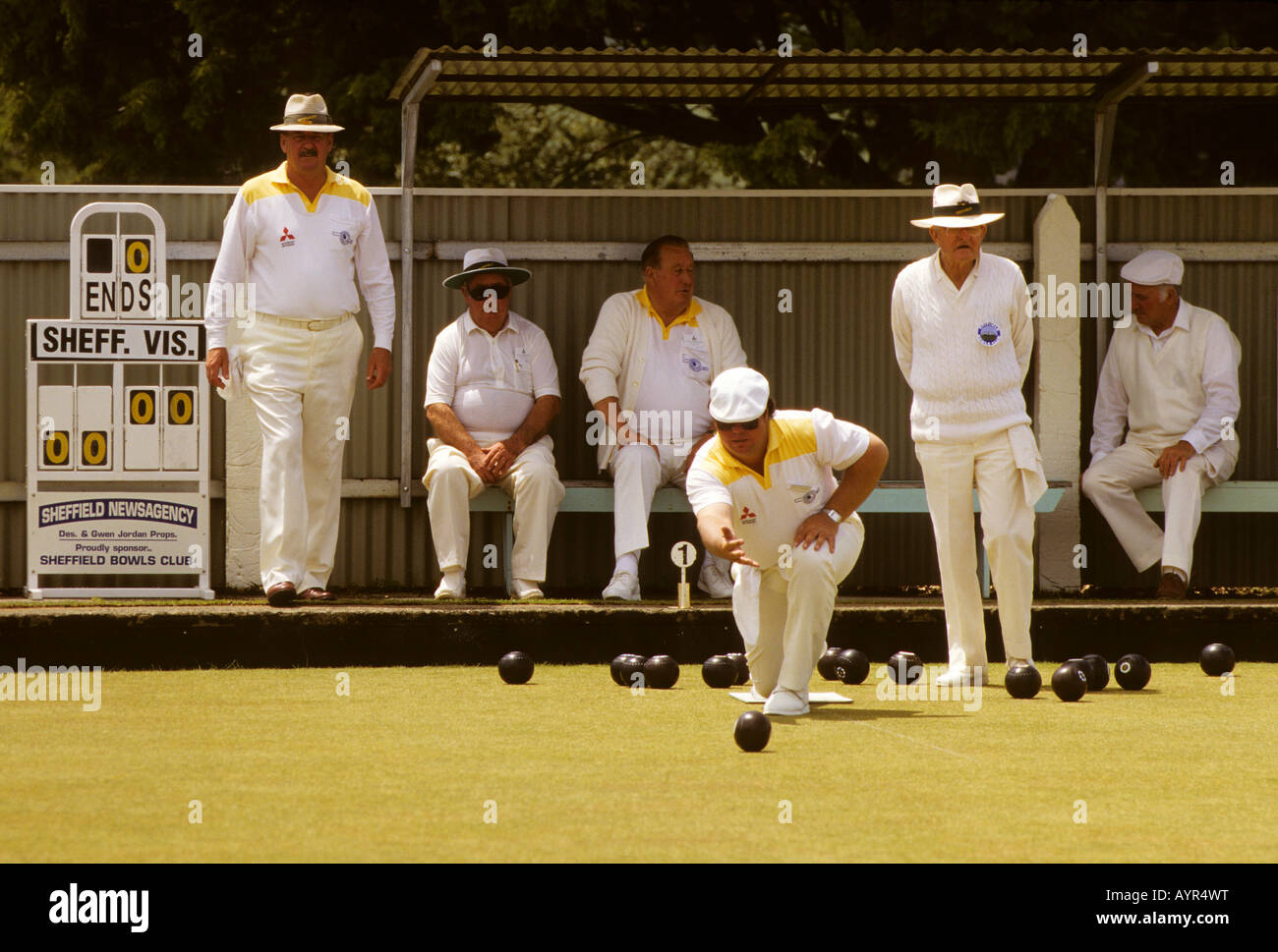 Men bowling at Sheffield Bowls Club, Sheffield, Tasmania, Australia Stock Photo
