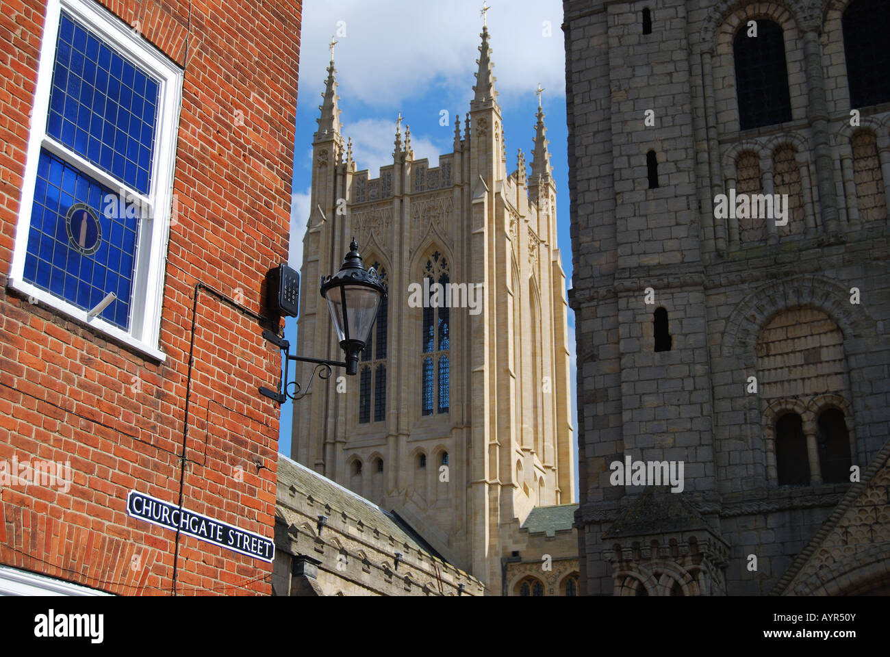 St Edmundsbury Cathedral from Churchgate Street, Bury St Edmunds, Suffolk, England, United Kingdom Stock Photo