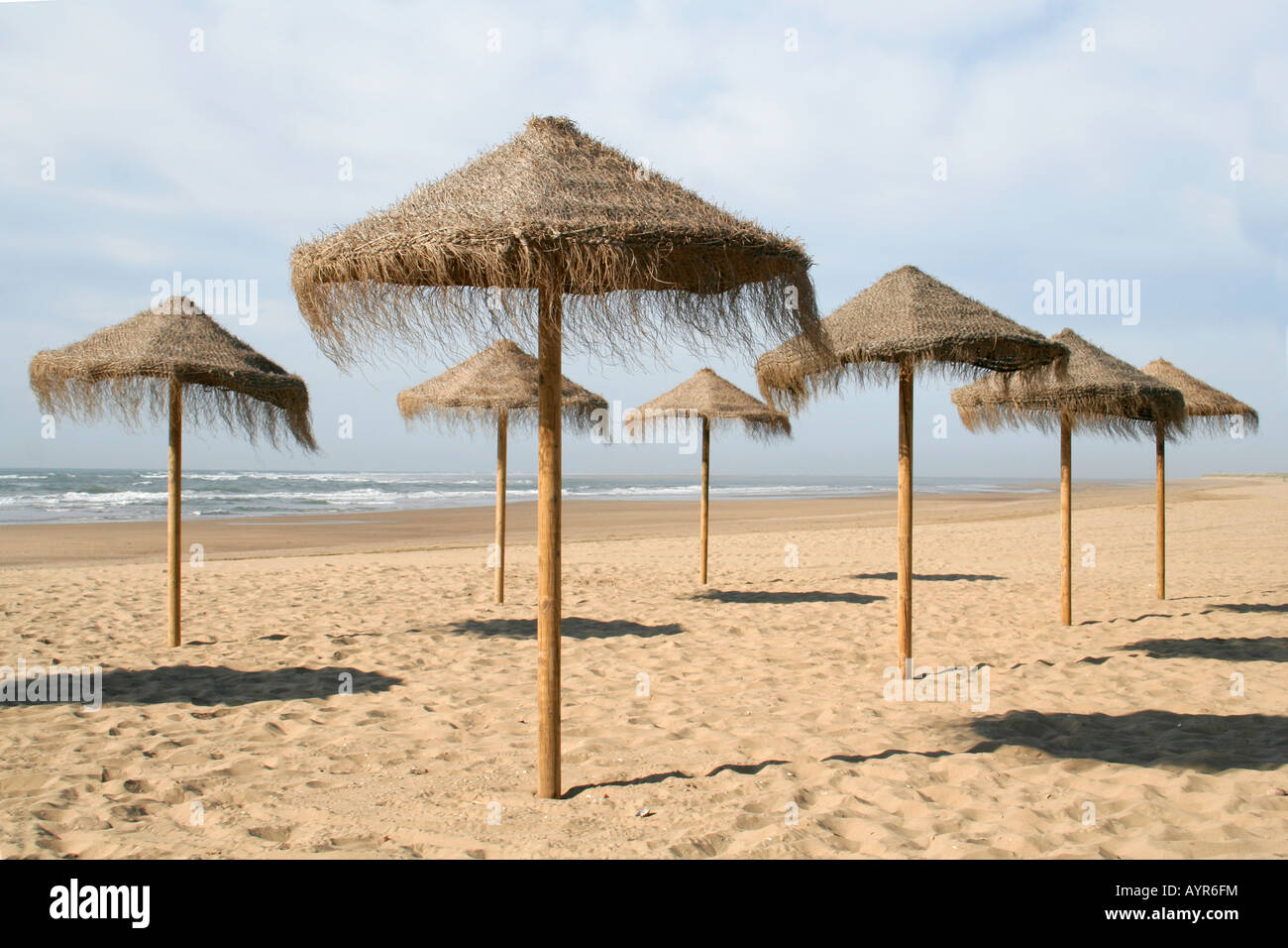 Straw Beach Umbrellas on the beach before the holiday makers arrive. Stock Photo