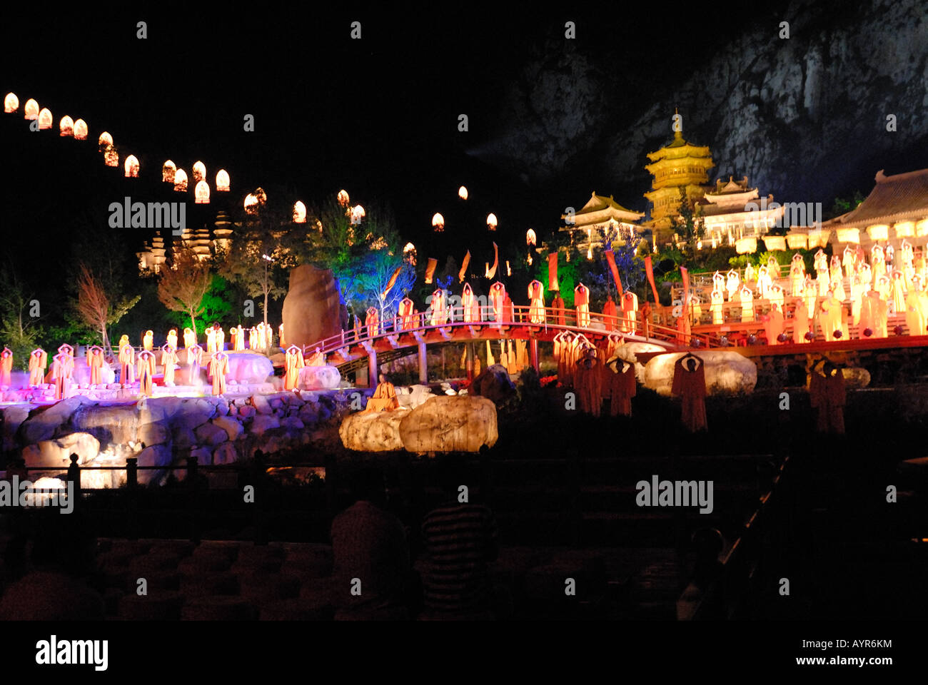 Open air sound and light show Chan Zong Shaolin musical at night Zen sect Stock Photo