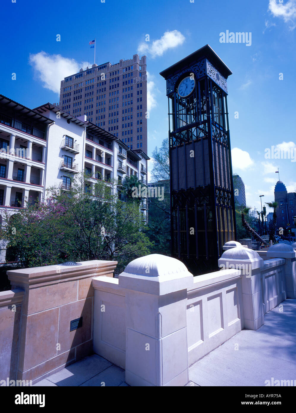 elevator tower with clock at the River Walk of San Antonio Texas USA. Photo by Willy Matheisl