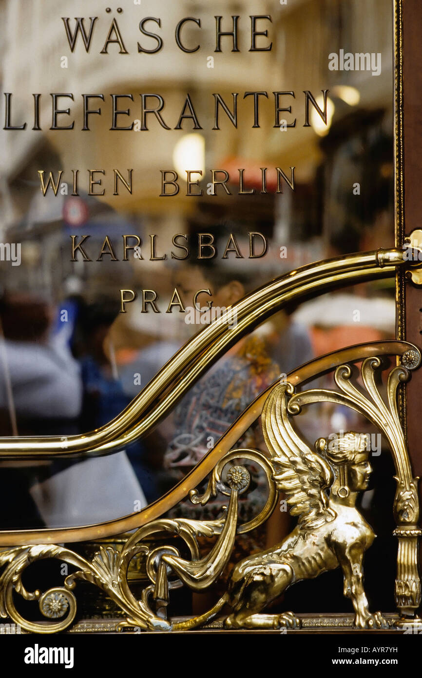 Ornate brass door handle at an old fashioned laundry in Vienna, Austria