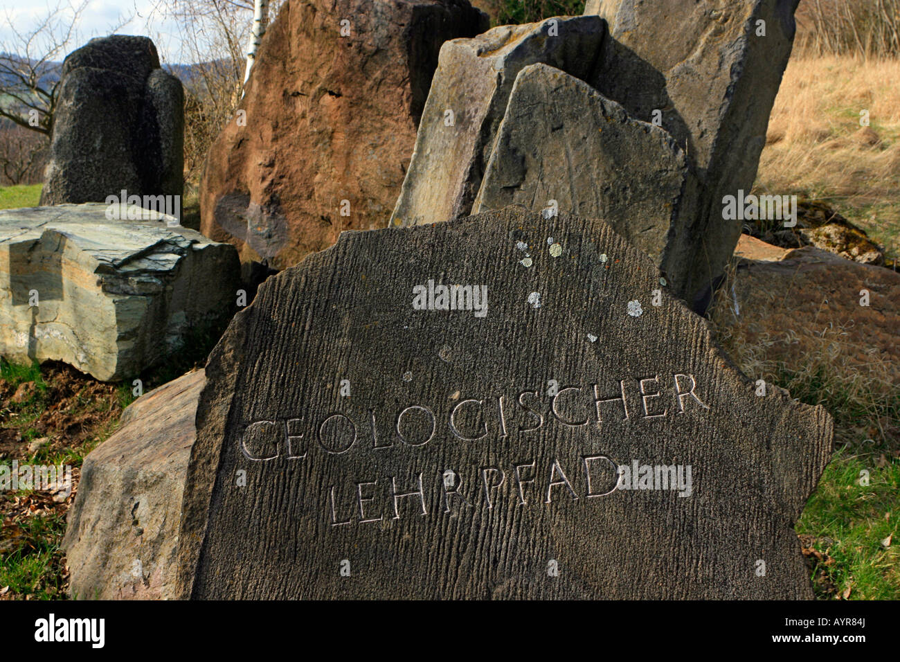Stone marking a geological trail, Hessenpark, Neu-Anspach, Taunus, Hesse, Germany Stock Photo