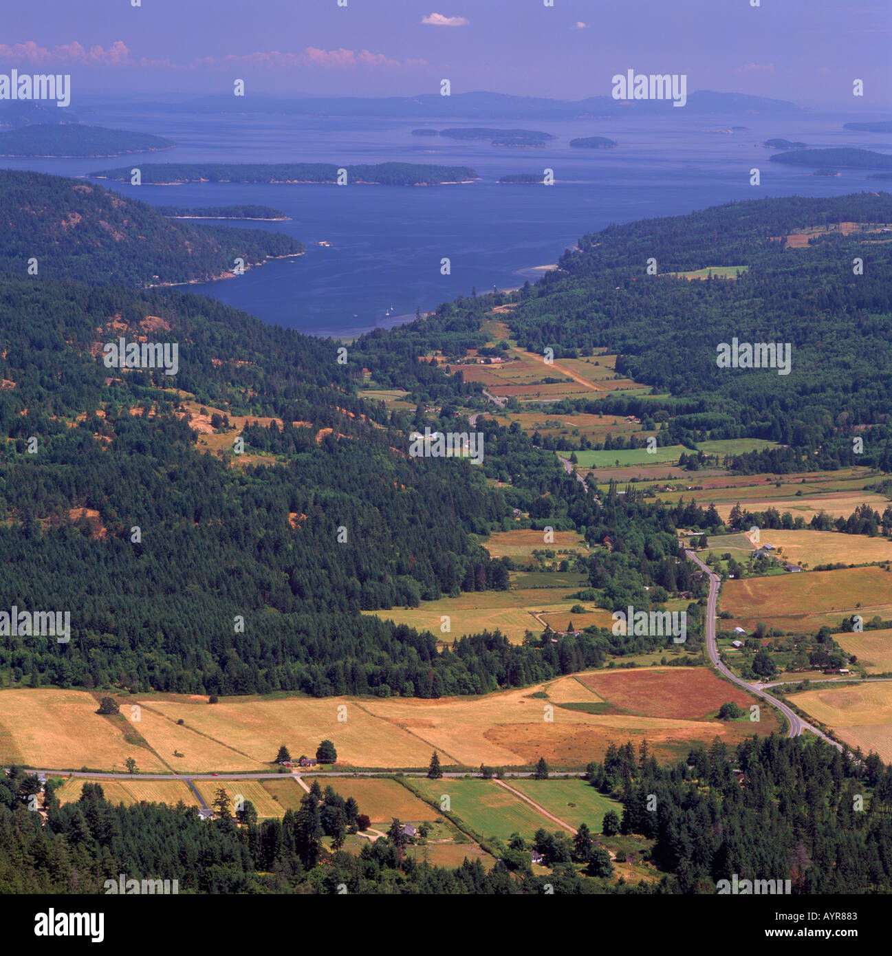 An Aerial View of Agricultural Land and the Gulf Islands from Mt Maxwell on Saltspring Island in British Columbia Canada Stock Photo