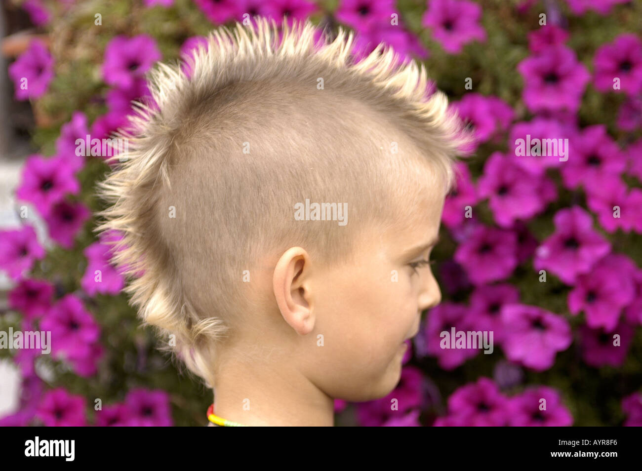 7 years old boy punk rocker with mohawk and violet flowers in background Stock Photo