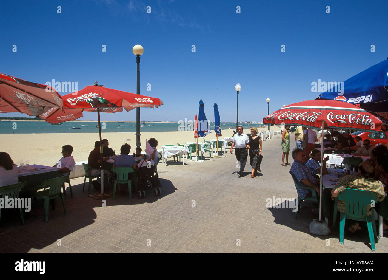 Seafood restaurants, Bajo de Guía, Sanlúcar de Barrameda, Costa de la Luz, Cádiz Province, Andalusia, Spain Stock Photo