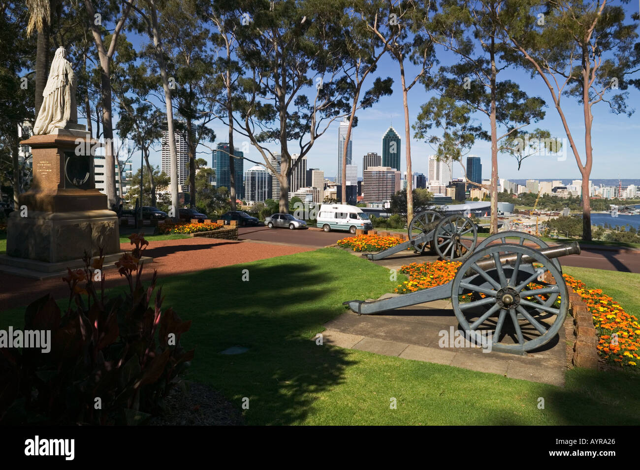 Statue of Queen Victoria in King s Park overlooking Perth city centre Western Australia December