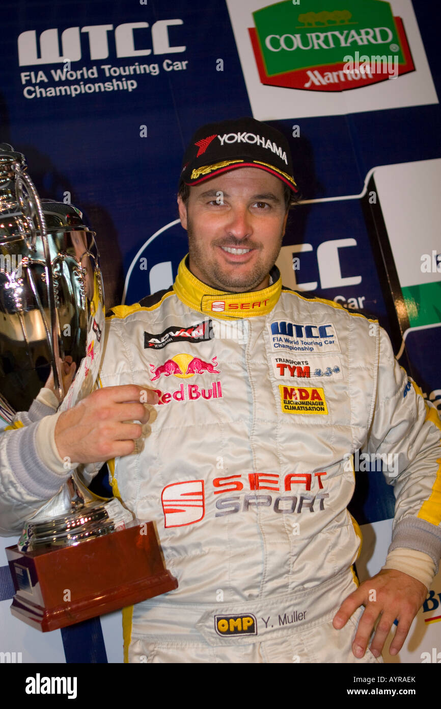 Driver Yvan Muller with the World Touring Car Championship (WTCC) Cup Stock Photo