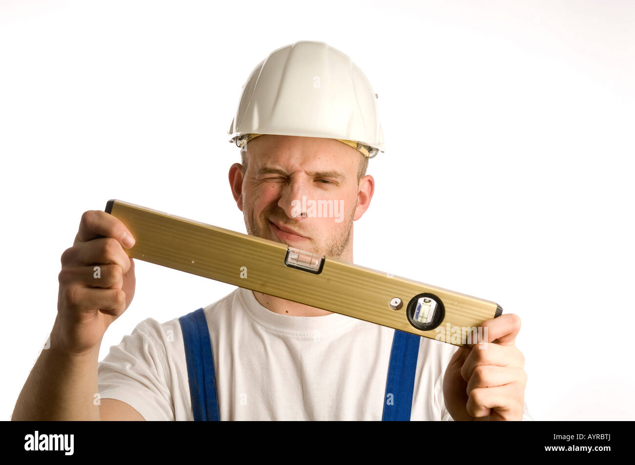 Construction Worker Holding Spirit Level Bubble Level Stock Photo Alamy