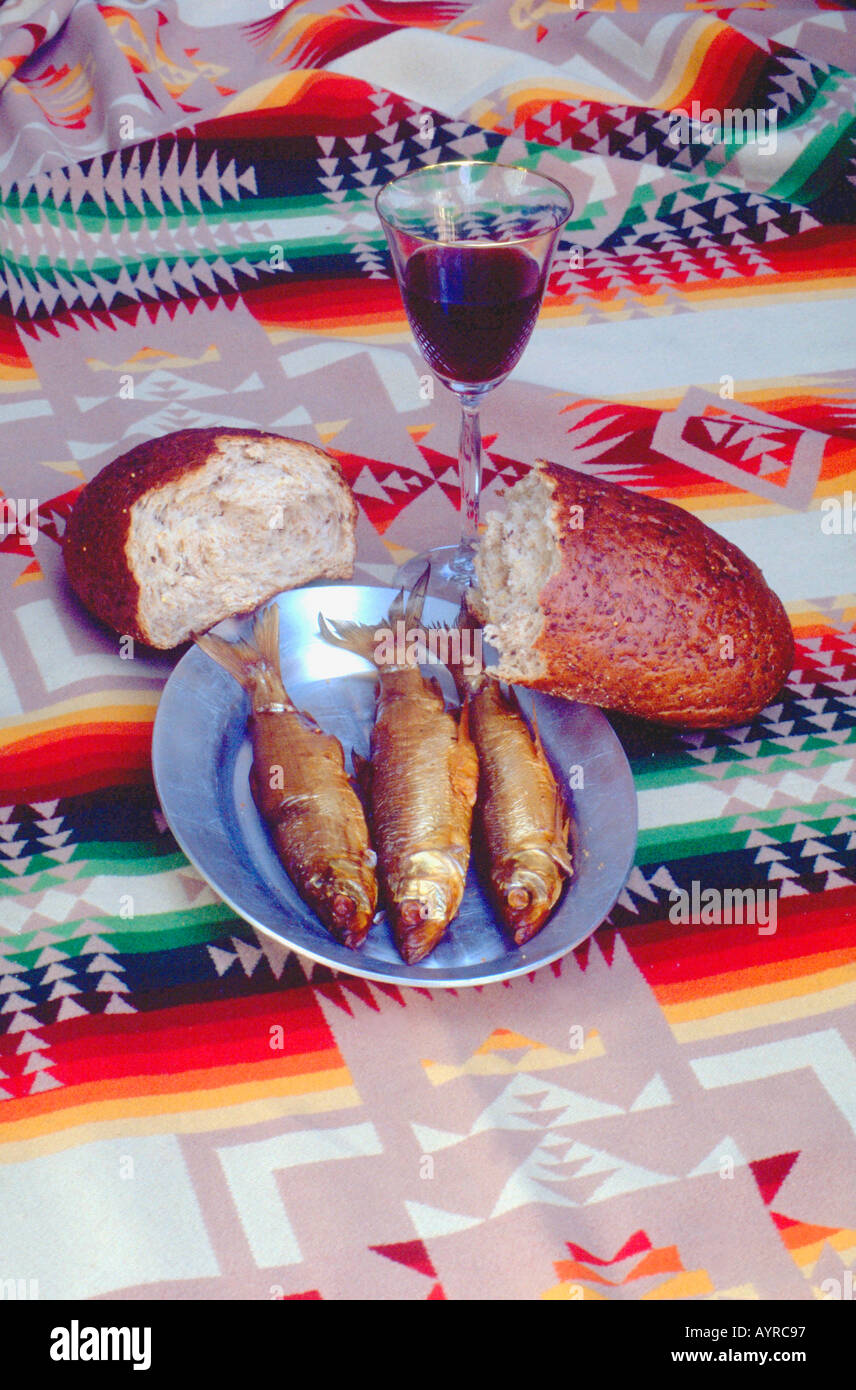 Fish bread and wine. Parable of the loaves and fishes. St Paul Minnesota USA Stock Photo