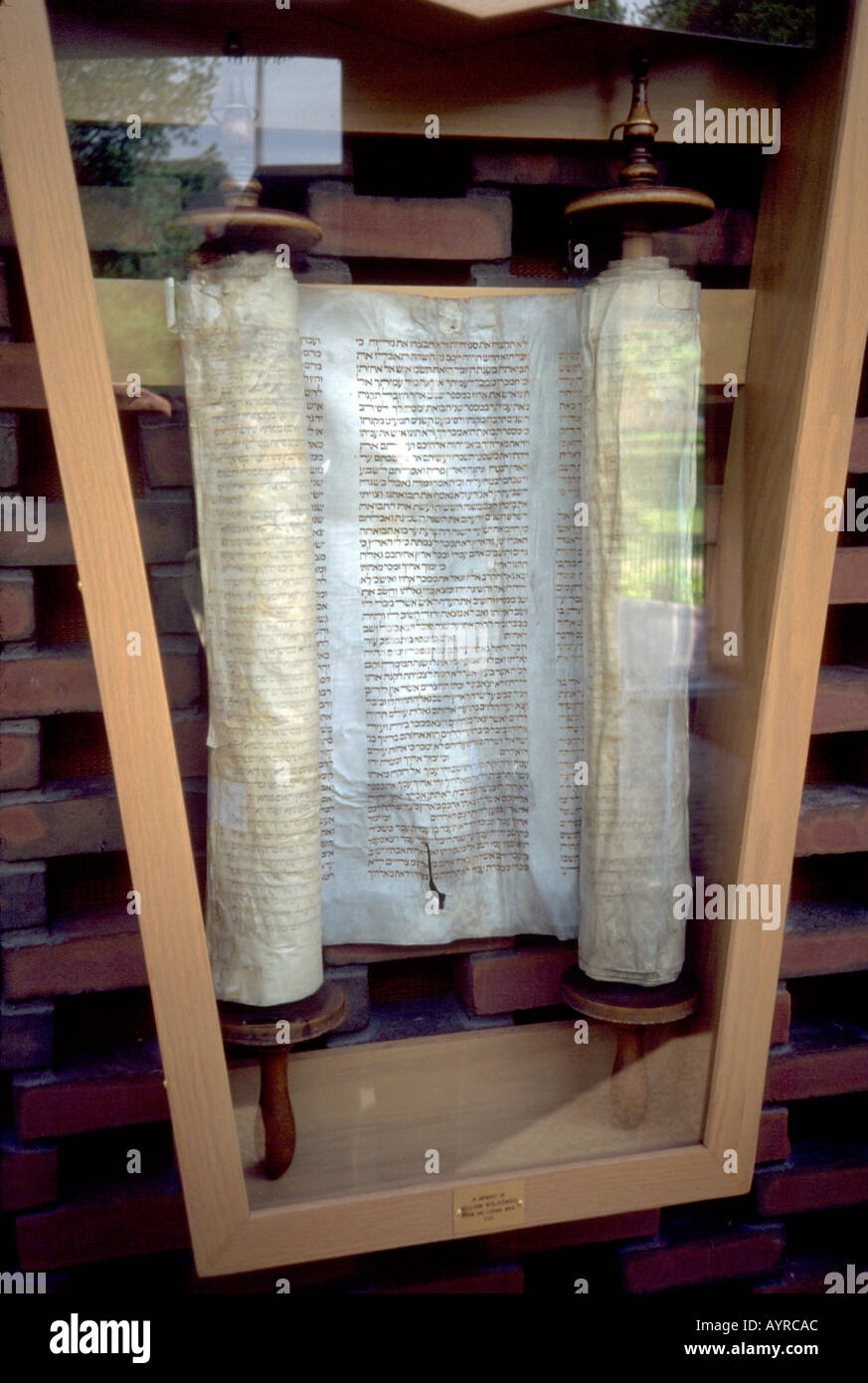 Ancient religious scroll or Torah on wall at Macalester College Chapel. St Paul Minnesota USA Stock Photo