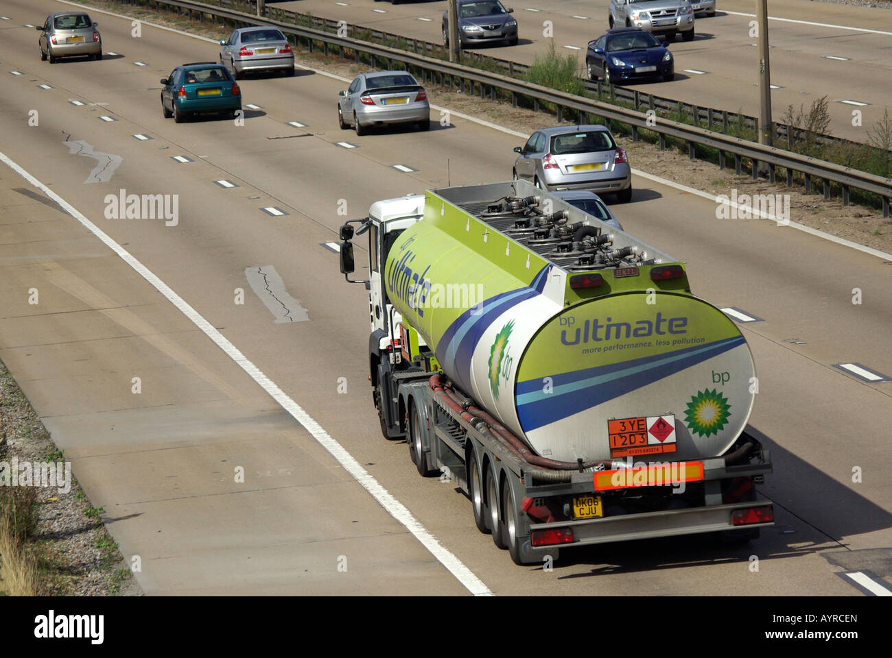 BP petrol tanker lorry on M25 Motorway with Hazchem panel Stock Photo