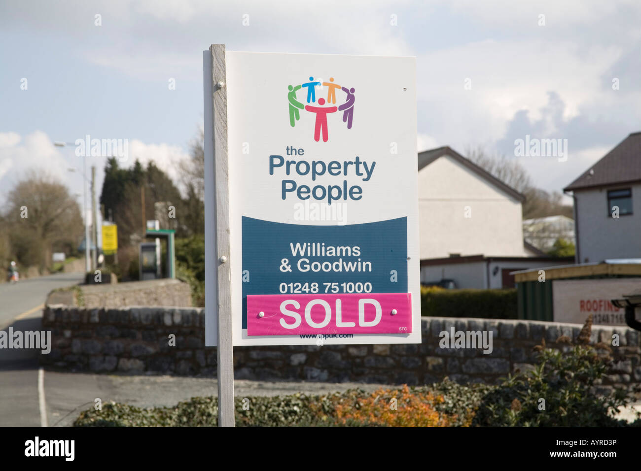 North Wales UK April A estate agent sign showing house is sold Stock