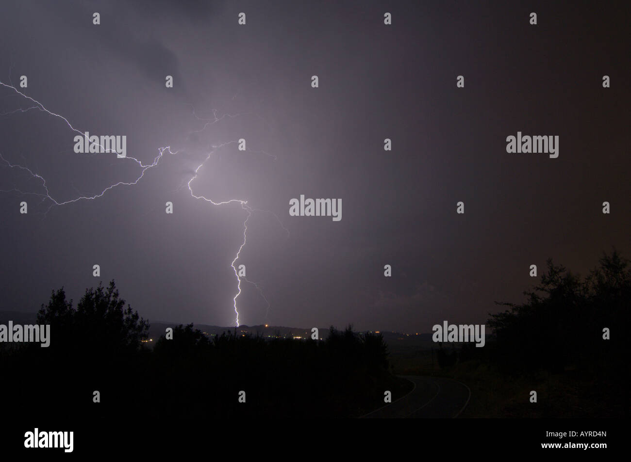 Thunderstorm with lightning above the hills of the Tuscany at night, Tuscany, Italy, Europe Stock Photo