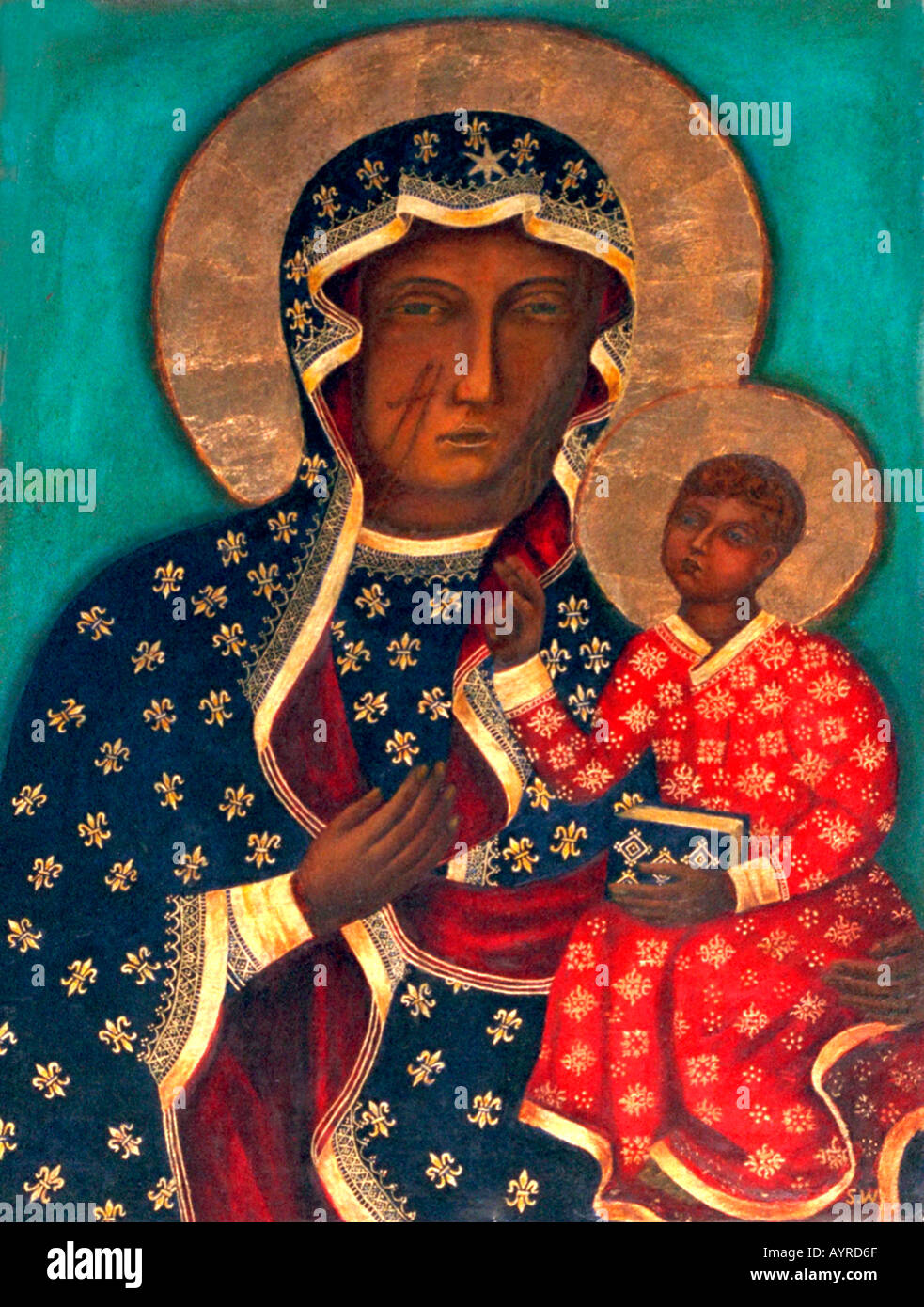 Painting of Black Madonna holding baby Jesus. Poznan Poland East Eastern Europe Stock Photo