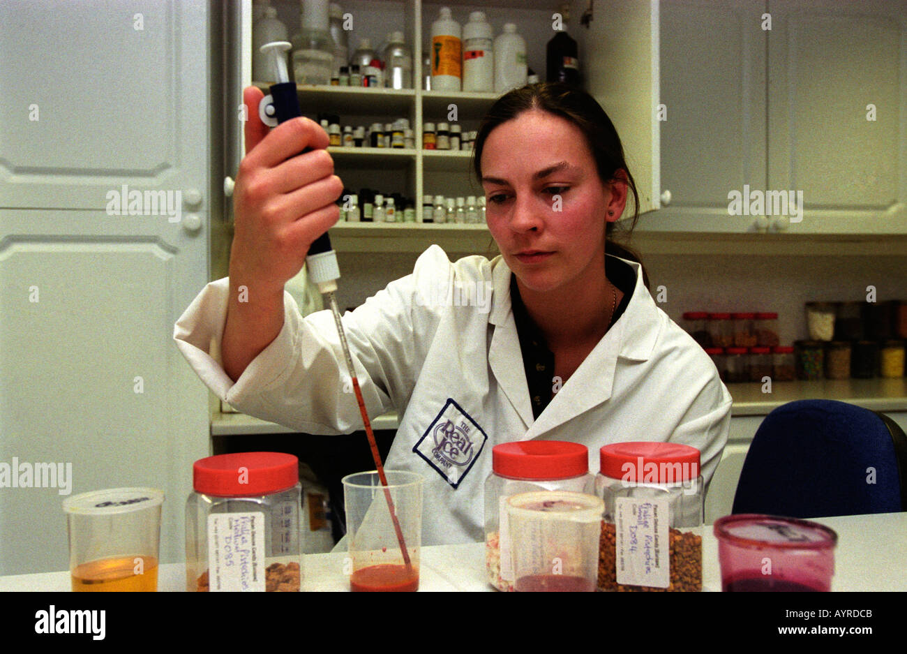Technician working in laboratory of ice cream manufacturer, Maidstone, Kent, UK. Stock Photo
