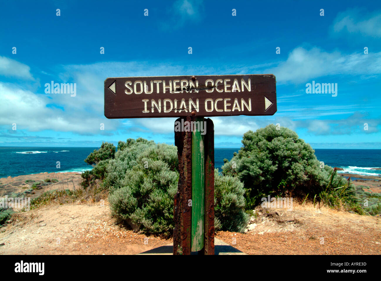 Southern Ocean and Indian Ocean sign Cape Leeuwin Western Australia Stock Photo