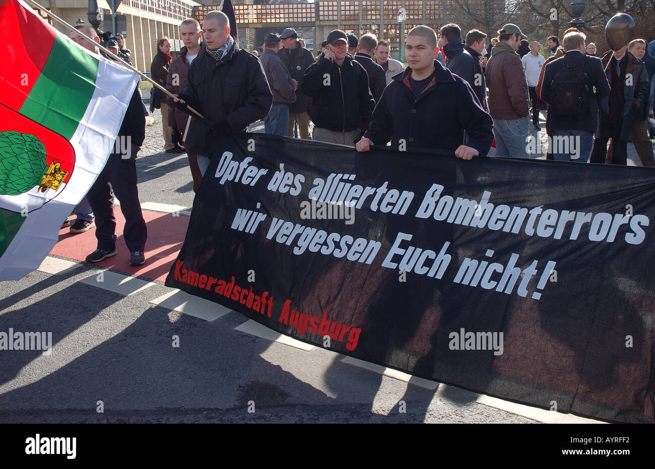 Far right demonstrators carry banner that says Victims of Allied Bombing Terror We Won t Forget You Dresden Germany Stock Photo