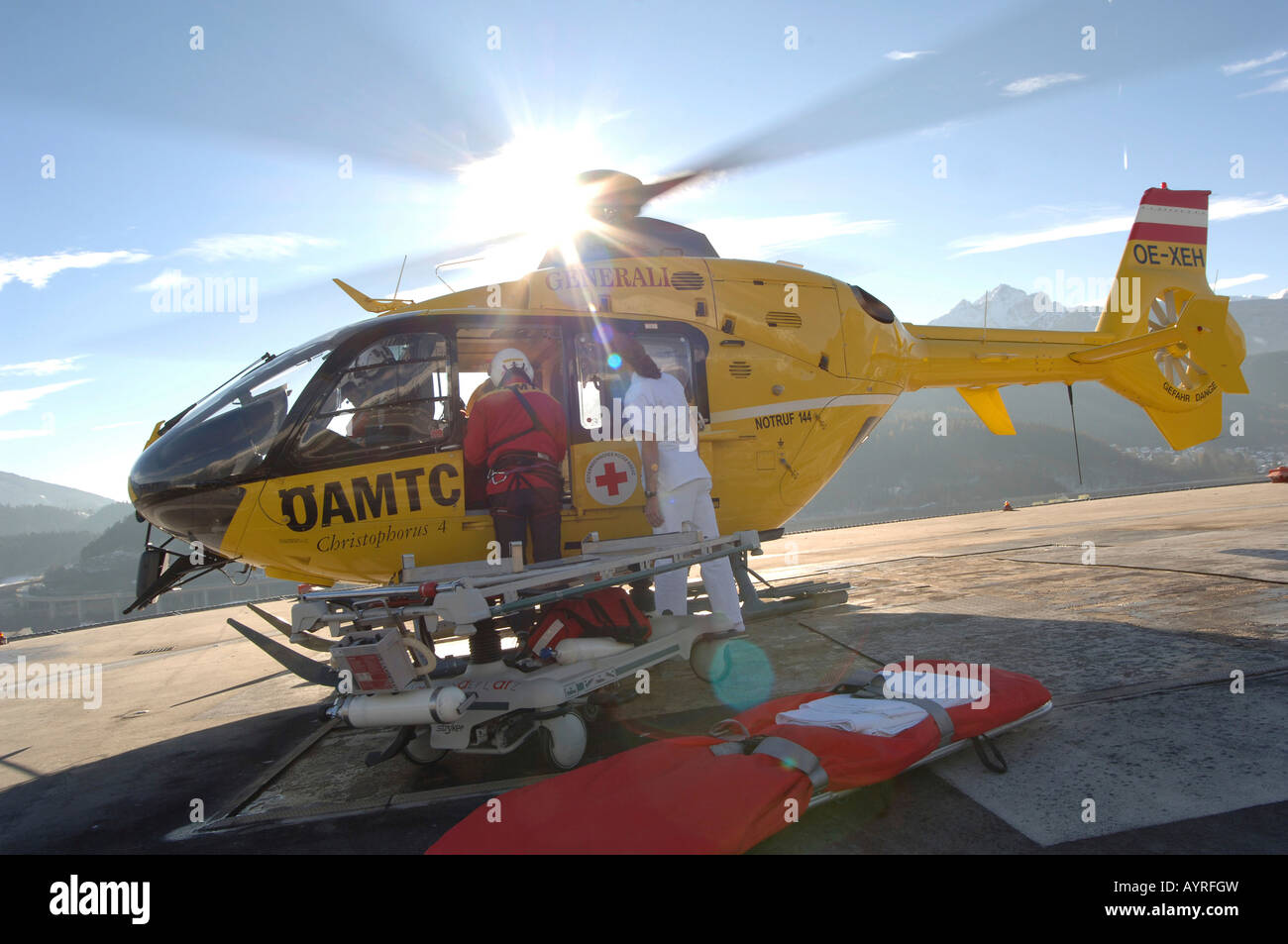 Rescue helicopter in Innsbruck, Austria Stock Photo